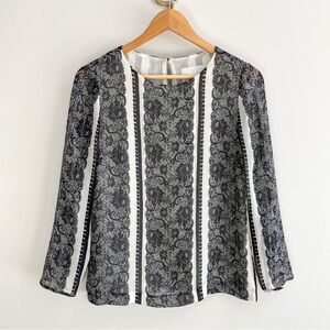 J Crew Collection Black & Off-White Trompe L'oeil Lace Print Semi-Sheer Blouse 2
